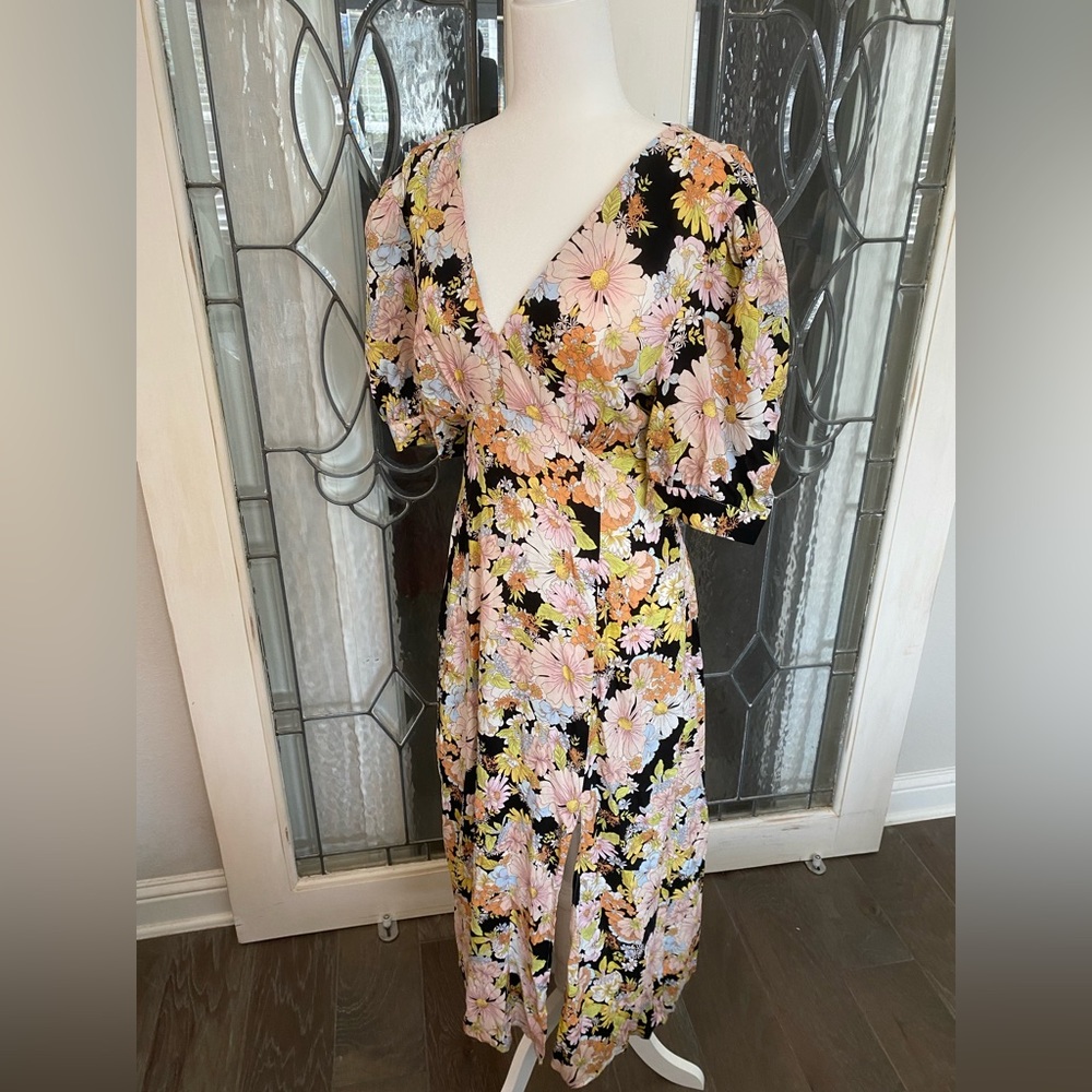 Topshop Midi Floral Dress with Puff Sleeves and Tie Back Detail